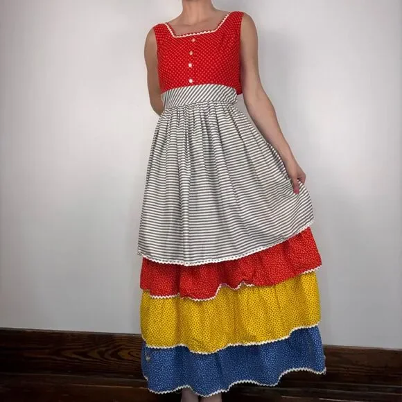 Vintage Handmade Prairie Tiered Cotton Dress / Ric-Rac, Fitted Folk Cottagecore - Picture 4 of 14